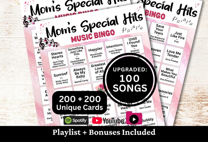 Printable Mom’s Special Hits Music Bingo game for Mother’s Day parties, mom’s birthdays, family gatherings, office events, brunches, fundraisers, and community game nights. Includes 100 popular feel-good songs with warm, uplifting vibes perfect for celebrating moms. Comes with 200 + 200 unique cards, Spotify, YouTube, and offline 1-minute snippets playlists, plus bonus extras.