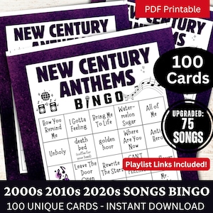 Bingo de 100 tarjetas con canciones de los años 2000, 2010 y 2020, fiesta de reunión con temática moderna, juego de música con listas de reproducción de éxitos de décadas, actividad de trivia musical