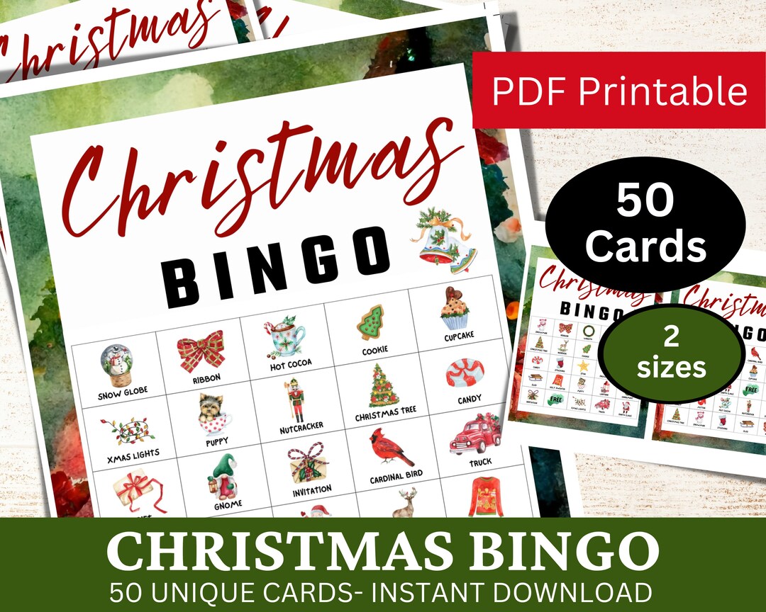 50 Christmas Bingo Watercolor Game Cards, Vintage Holiday Party ...