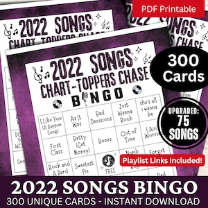 2022 Songs Bingo 300 Card, Muzyczne Bingo z playlistą dla dorosłych, Nocne spotkanie rodzinne, Muzyczna aktywność na temat urodzin przyjaciela