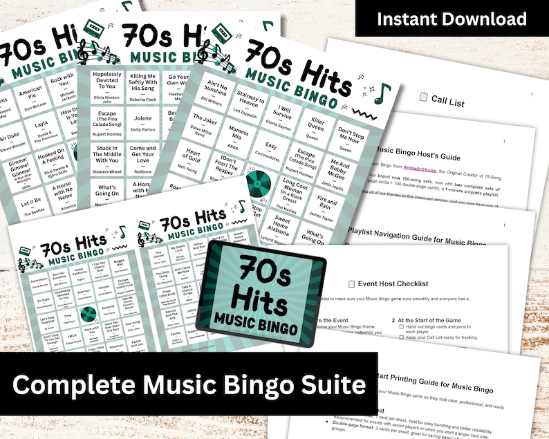 Puede incluir: Un conjunto de tarjetas y gu&iacute;as del juego de bingo musical de los a&ntilde;os 70. Las tarjetas de bingo presentan t&iacute;tulos de canciones y notas musicales. La imagen tambi&eacute;n incluye el texto "Descarga instant&aacute;nea" y "Suite completa de bingo musical".