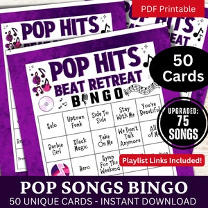 Pop Songs Bingo Spiel 50 Karten, Pop Musik Party Aktivität, Mitarbeiter Team Geburtstag Spiel druckbar, Familien Nacht Urlaub Gathering Spiel PDF