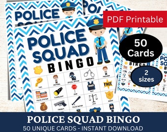 May include: A printable police squad bingo game with 50 unique cards. The cards feature images of police officers, badges, handcuffs, and other police-related items. The game is perfect for a police-themed party or activity.