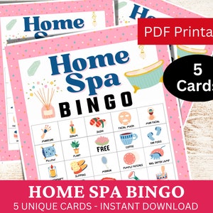 5 cartões de jogo de bingo em spa doméstico, atividade temática de festa de spa, bingo divertido com tema de aniversário, jogos em PDF para festa temática de despedida de solteira, festa do pijama para meninas adolescentes