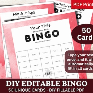50 PDF de plantilla roja de acuarela de bingo editable, tarjeta de juego rellenable de bricolaje, relleno automático personalizado en blanco, personalizado haga su propio generador
