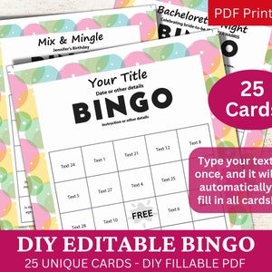 25 bewerkbare Bingo kleurrijke pastel thema sjabloon PDF, DIY invulbare gamekaart, aangepaste automatische vulling, gepersonaliseerd Maak uw eigen generator