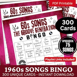 Juego de bingo con canciones de los años 60, 300 tarjetas, fiesta de reunión familiar, actividad de reunión con temática de cumpleaños retro, bingo musical de los años 60 con lista de reproducción