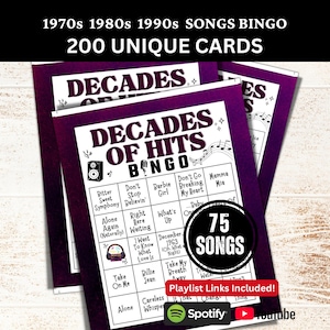 70s 80s 90s Songs Bingo 200 Cards, Music Bingo with Playlist 75 Songs, 1990s 1980s 1970s Family Retro Night Gathering Game Party Activity