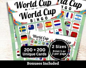 Bingo WK, 200 kaarten, vlagactiviteit land, afdrukbare pdf-game voetbalhorloge party, voetbaltoernooi direct downloaden