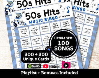 50s Hits Music Bingo, 300 Cards, 100 Songs Playlists Included, Printable PDF Game, Instant Download