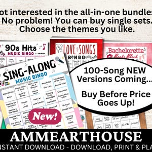 Pode incluir: Cart&otilde;es de bingo musical com temas como Sucessos dos Anos 90, Can&ccedil;&otilde;es de Amor e Bachelorette Beats Blast. Os cart&otilde;es apresentam t&iacute;tulos de m&uacute;sicas e est&atilde;o dispon&iacute;veis para download e impress&atilde;o instant&acirc;neos.