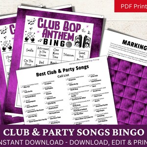 Puede incluir: Un juego de bingo imprimible con fondo morado y texto negro. El t&iacute;tulo es "Club Bop Anthem Bingo". El juego se basa en canciones populares de club y fiesta. La tarjeta incluye una lista de llamadas de canciones como "Despacito", "Wake Me Up", "Bad Romance", "Shake It Off", "Can't Stop The Feeling", "This Is What You Came For" y "Party Rock Anthem".