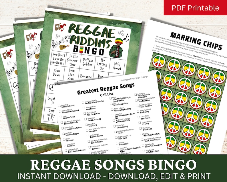 May include: Printable reggae bingo game with a green and yellow color scheme. The game includes a bingo card with reggae song titles and a call list of 215 reggae songs. The game also includes peace sign marking chips.