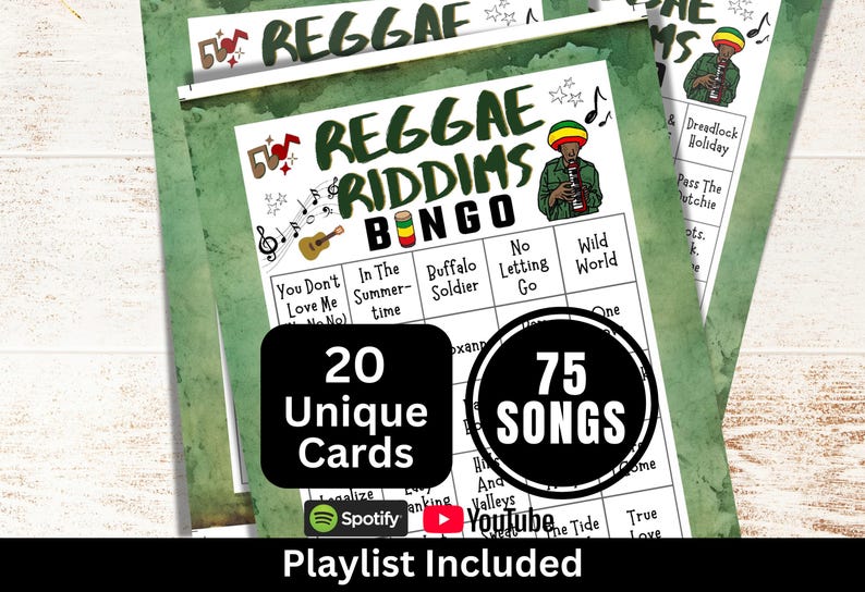 Reggae Songs Bingo 20 Cards, Groove Party Music Bingo with Playlist, Chill Gathering Activity, Throwback Theme Game, Summer Beach Tune Bingo image 1