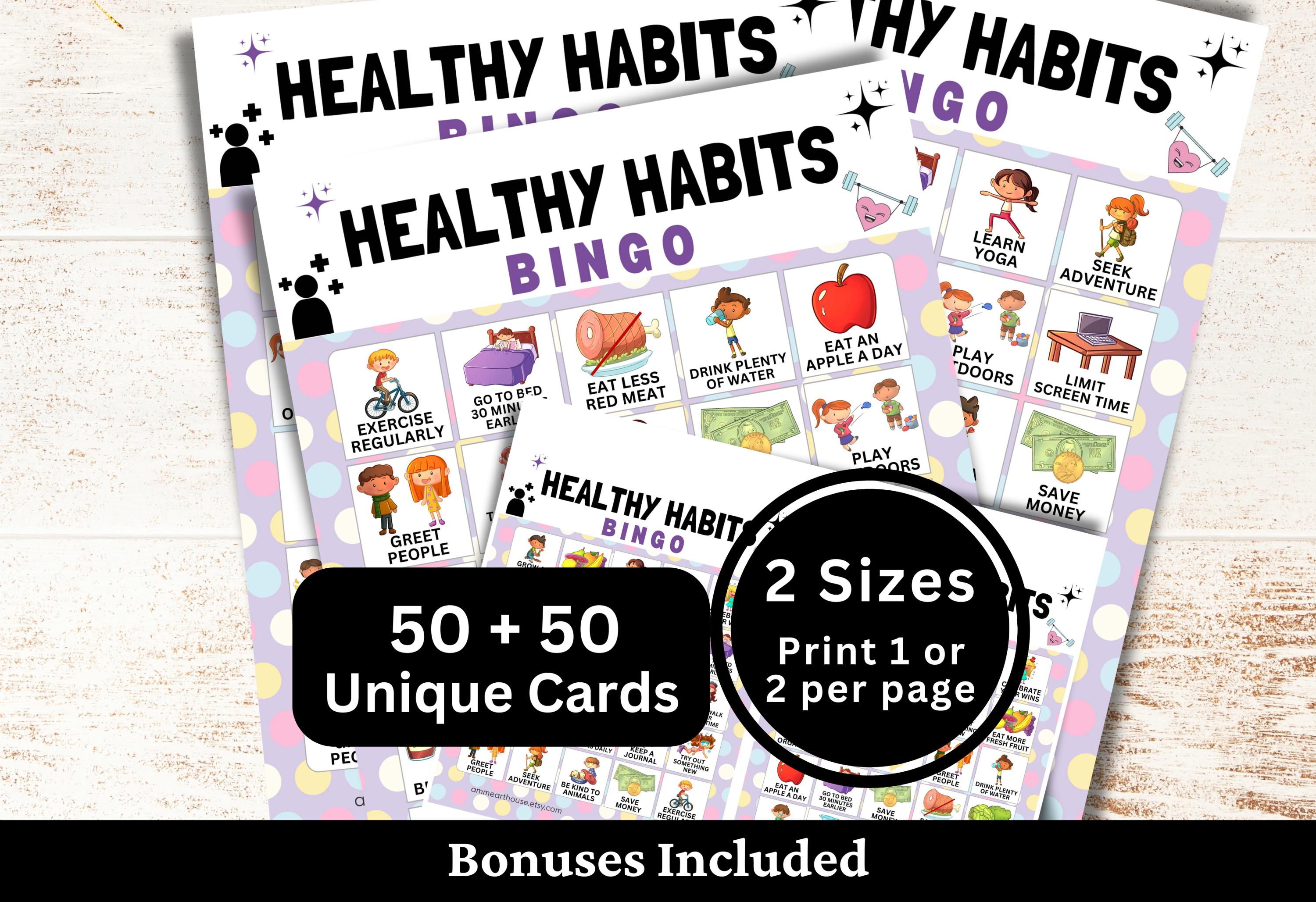 50 Healthy Habits Bingo Game Card for Kid and Adult, Good Practice ...