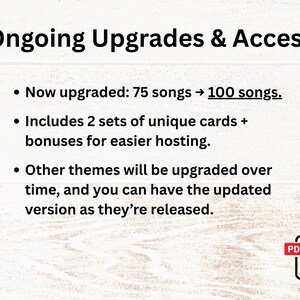 May include: A graphic with the text "Ongoing Upgrades & Access" and bullet points detailing upgrades, including an increase from 75 to 100 songs, and the inclusion of unique cards. A PDF icon is in the bottom right corner.