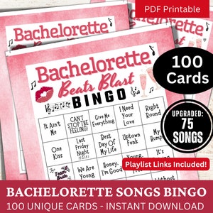 Carte de bingo 100 chansons EVJF, soirée entre filles activité imprimable pour adultes, jeu enterrement de vie de jeune fille marié, bingo à musique pour mariée avec liste de lecture