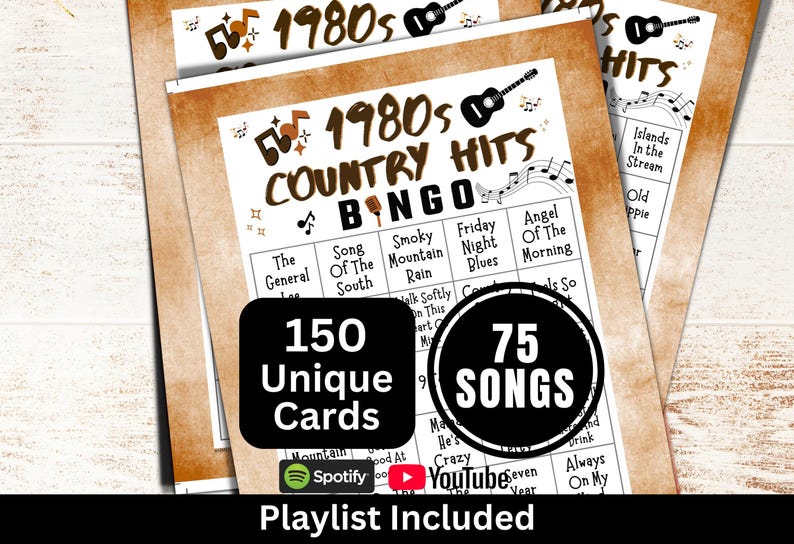 1980s Country Songs Bingo 150 Cards, Western Theme Gathering PDF Game, Classic Music Bingo with Playlist, Fun Family Holiday Party Activity image 1
