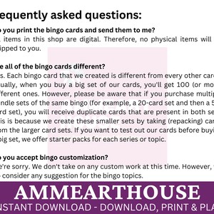 May include: A purple and white text graphic with the words "Frequently asked questions:" and a list of questions and answers about bingo cards. The text includes the words "instant download" and "download, print & play".