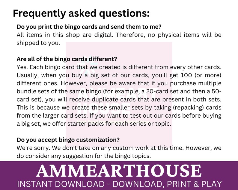 May include: A purple and white text graphic with the words "Frequently asked questions:" and a list of questions and answers about bingo cards. The text includes the words "instant download" and "download, print & play".