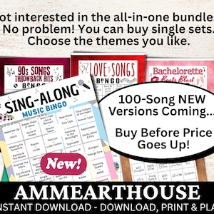 Puede incluir: Una colecci&oacute;n de cartones de bingo con temas musicales, como "90s Songs Throwback Hits" y "Love Songs Bingo". La imagen tambi&eacute;n incluye el texto "100-Song NEW Versions Coming... Buy Before Price Goes Up!" y "Instant Download - Download, Print & Play."