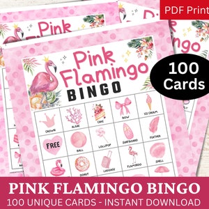 100 Pink Flamingo Watercolor Bingo Game, Tropical Summer Theme Birthday Party Activity, School Road Trip Icebreaker Printable Pastel PDF