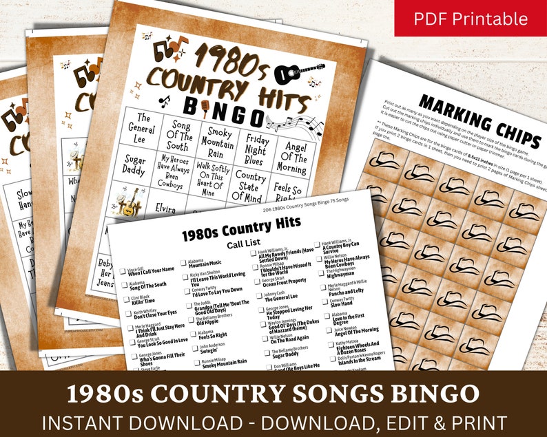 May include: A printable 1980s country music bingo game with a brown and tan colour scheme. The bingo card features a guitar and cowboy hat design. The call list includes songs like "Elvira", "Angel of the Morning", and "Country State of Mind".