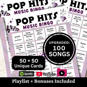 Pop Hits Musik Bingo, 50 kort, 100 låtar spellistor inkluderade, direkt nedladdning