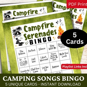 Cartão de bingo 5 de músicas de acampamento, música de viagem de verão com jogo de lista de reprodução, atividade de festa para impressão para adultos em viagem ao ar livre, feriado de aniversário em família