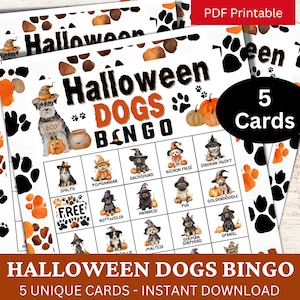 5 cartes de bingo pour chiens d'Halloween pour une soirée festive, soirée de jeux en famille sur le thème d'une race de chiots mignons pour les enfants, activité aquarelle pour animaux de compagnie à imprimer