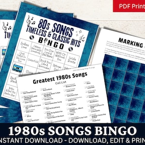 Jeu de bingo avec chansons classiques des années 80, 50 cartes, activité musicale intemporelle, jeu imprimable pour soirée familiale, PDF d'anniversaire pour les amateurs de rétro image 2