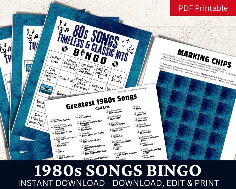 Jeu de bingo avec chansons classiques des années 80, 50 cartes, activité musicale intemporelle, jeu imprimable pour soirée familiale, PDF d'anniversaire pour les amateurs de rétro image 2