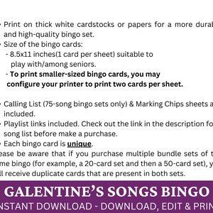 May include: A purple and white printable Galentine's Songs Bingo card set. The text on the card reads "Galentine's Songs Bingo Instant Download - Download, Edit & Print".