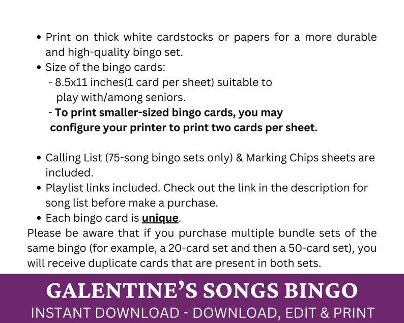May include: A purple and white printable Galentine's Songs Bingo card set. The text on the card reads "Galentine's Songs Bingo Instant Download - Download, Edit & Print".