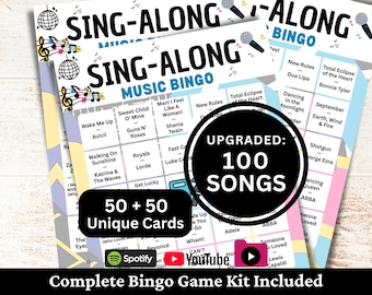 Bingo musical para cantar, 50 tarjetas, 100 listas de reproducción de canciones incluidas, juego imprimible en PDF, descarga instantánea.