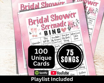 Bridal Shower Songs Bingo 100 Card, Wedding Music Bingo with Playlist, Bride Hen Do Party Activity, Romantic Theme Bachelorette Brunch Bingo