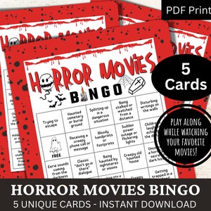 Horrorfilms Bingo 5-kaart, Halloween-thema-tv-shows Kijkfeest, Eng avondspel, Familiefilmavond Bingo, Vakantiereüniebijeenkomst