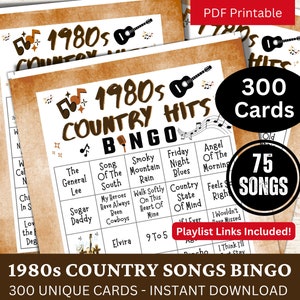 300 cartes de bingo avec chansons country des années 1980, bingo à musique classique avec liste de lecture, activité amusante de fête de vacances en famille, jeu PDF de rassemblement sur le thème western