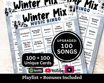 Winter Music Bingo, 100 Cards, 100 Songs Playlists Included, Printable PDF Game, Instant Download