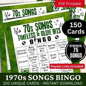 70s Oldie Songs Bingo 150 Cards, atividade de festa musical dos anos 1970 com lista de reprodução, jogo para impressão para reunião noturna em família, bingo para festa de aniversário de formatura