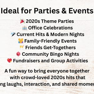 Pu&ograve; includere: Sfondo in legno bianco con testo nero che recita "Ideale per feste ed eventi". Il testo elenca i tipi di eventi, tra cui feste a tema, celebrazioni in ufficio ed eventi per famiglie. Il testo menziona anche "successi degli anni 2020 amati dalla folla."