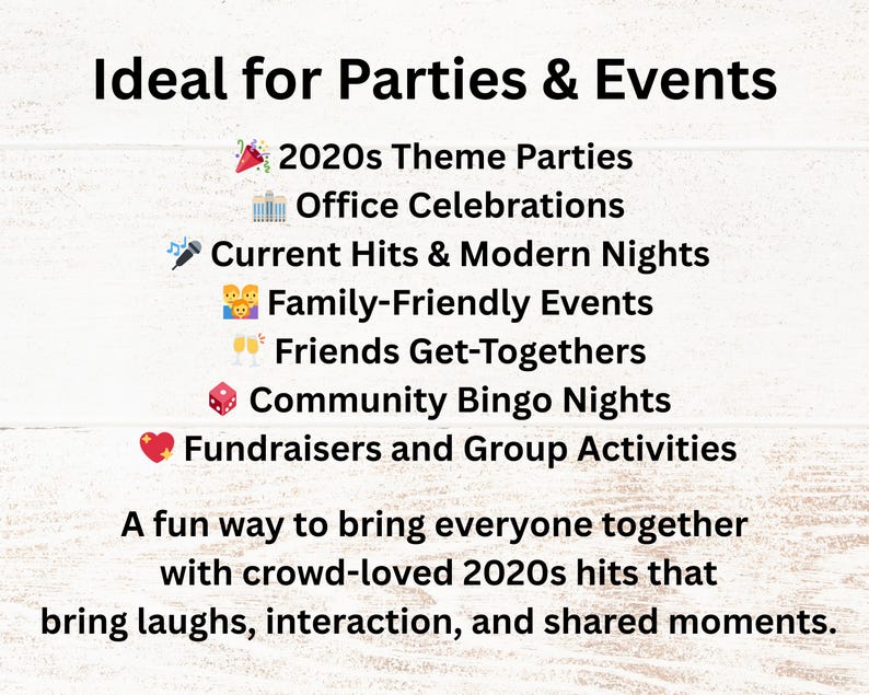 Pu&ograve; includere: Sfondo in legno bianco con testo nero che recita "Ideale per feste ed eventi". Il testo elenca i tipi di eventi, tra cui feste a tema, celebrazioni in ufficio ed eventi per famiglie. Il testo menziona anche "successi degli anni 2020 amati dalla folla."