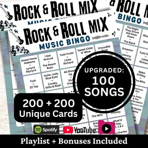 Printable Rock & Roll Mix Music Bingo game for parties, family gatherings, office events, fundraisers, and community game nights. Includes 100 classic rock and roll hits from across the decades. Comes with 200 + 200 unique cards, Spotify, YouTube, and 1-minute snippets playlists, plus bonus extras.