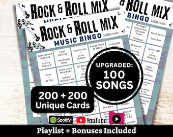 Rock'n'Roll-Musik-Bingo, 200 Karten, enthaltene klassische 100-Song-Wiedergabelisten, druckbares PDF-Spiel, Sofort-Download
