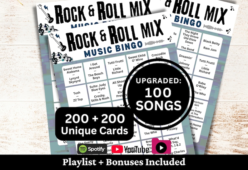 Printable Rock & Roll Mix Music Bingo game for parties, family gatherings, office events, fundraisers, and community game nights. Includes 100 classic rock and roll hits from across the decades. Comes with 200 + 200 unique cards, Spotify, YouTube, and 1-minute snippets playlists, plus bonus extras.