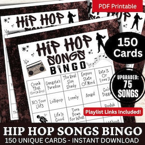 Hip Hop Songs Bingospiel 150 Karten, Rap-Musik Partyaktivität, Familiennachttreffen druckbares Spiel, Geburtstags-Eisbrecher PDF-Spiel, Club Bingo