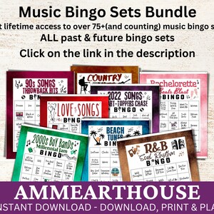 May include: A collection of printable music bingo cards with various themes, including 90s songs, love songs, country, beach tunes, R&B, and bachelorette beats. The cards feature a colorful design with musical notes and a vintage aesthetic. The text "AMMEARTHOUSE" is displayed at the bottom of the image.