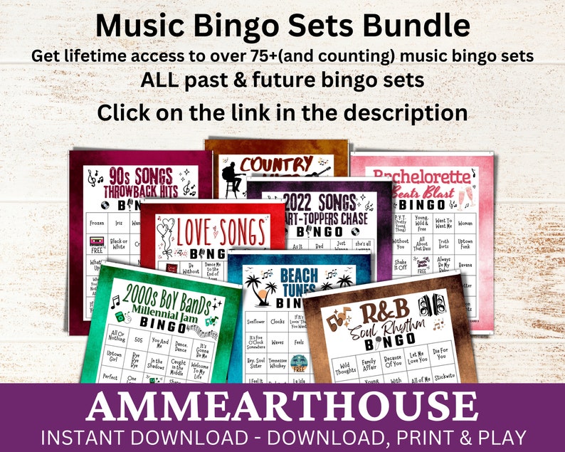 May include: A collection of printable music bingo cards with various themes, including 90s songs, love songs, country, beach tunes, R&B, and bachelorette beats. The cards feature a colorful design with musical notes and a vintage aesthetic. The text "AMMEARTHOUSE" is displayed at the bottom of the image.