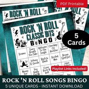 Rock and Roll Classic Songs Bingo 5 Card, Bingo musical con lista de reproducción, Throwback 90s 80s 70s 60s 50s Hits Game Senior Family Party Gathering