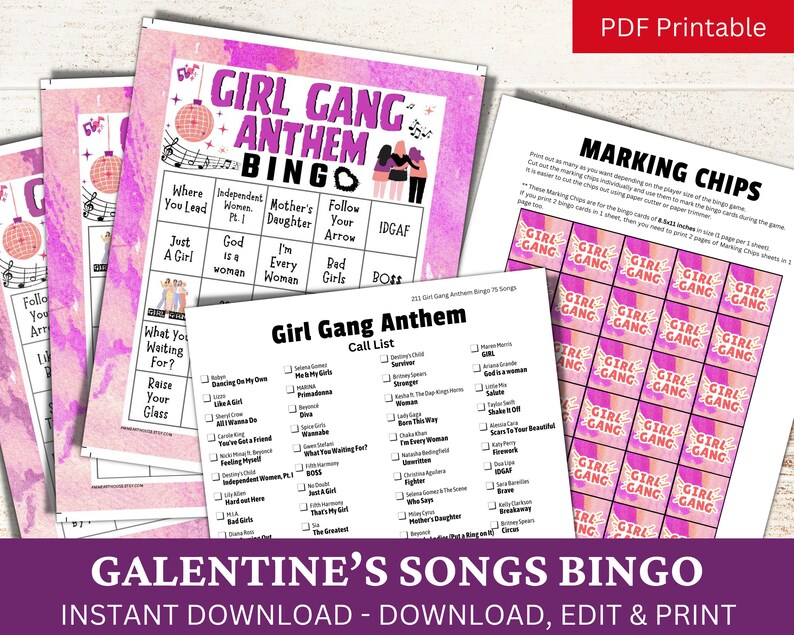 May include: A printable Galentine's Day bingo card with a pink and purple background. The card features a list of songs with titles like "Independent Women", "God is a Woman", and "Raise Your Glass". The card also includes a call list of songs and a set of pink and purple "Girl Gang" bingo chips.